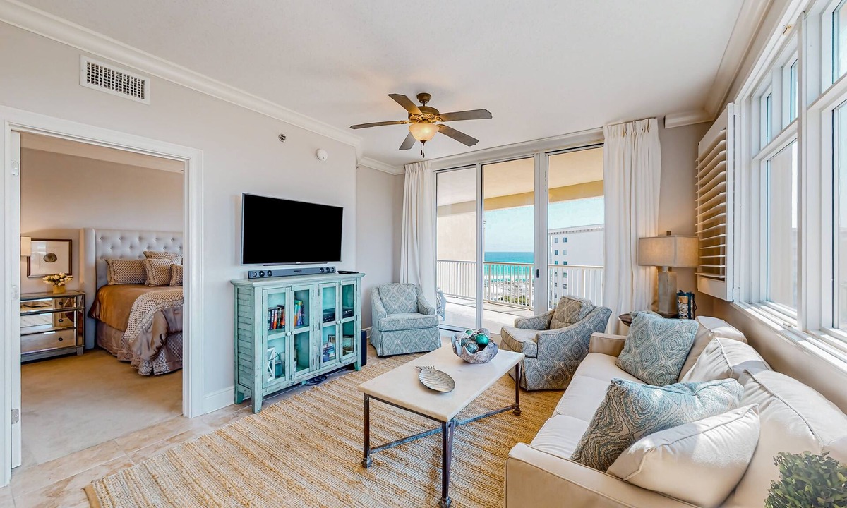 Fort Walton Beach Condo | 5th-floor condo with hot tub, outdoor pool, gym, partial ocean views, balcony