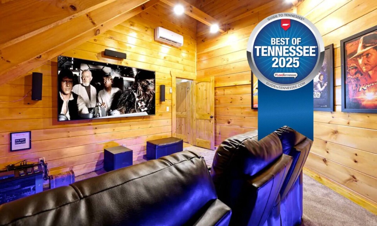 Sevierville Cabin | HUGE 86" THEATER w/Stadium Seating, Resort Pool, Hot Tub, Pool Table, Views