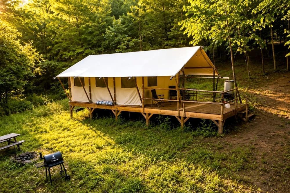 Lenoir RV Rental | Secluded Off-Grid Glamping Tent on 180 Acres near Ponds & Forest Trails, Lenoir, NC