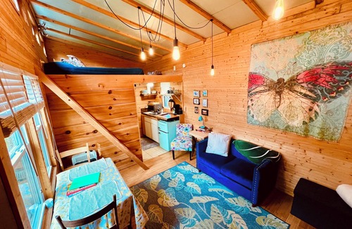 Saluda House | Bamboo bungalow at Camp David. Pond-front, pet friendly tiny home retreat