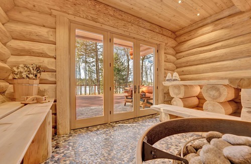 Blakeslee Cabin | Lakefront Handcrafted Cabin - Lux Sauna - Cedar Hot Tub - Game Room - Pool Table