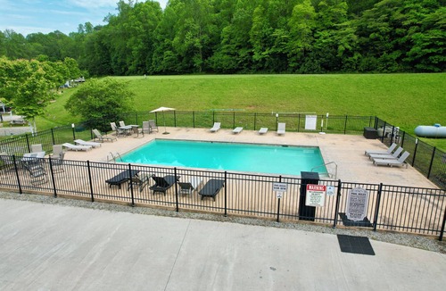Morganton House | Tiny home mtn retreat-covered outdoor patio, firepit, pool, fishing, basketball