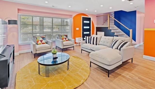 Colorful Designer Home with Rec Room and Bar