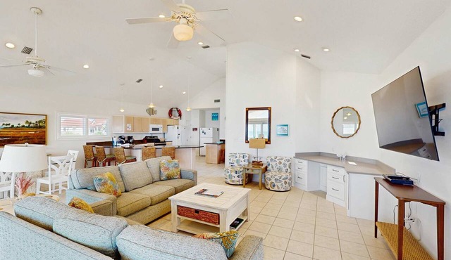 Dog-friendly beachfront home with private hot tub, fireplace, on-site pool, AC