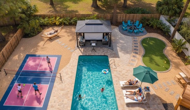 New! Lux All-Inclusive Home: 85F Pool x Movie, Pickleball, Sauna, 4 Min Beach